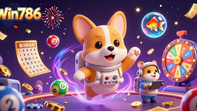 Experience the excitement of Win786 with a vibrant scene of playful characters in a floating casino