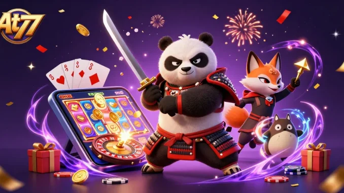 Experience thrilling gaming action at At 77 with vibrant casino characters and elements.