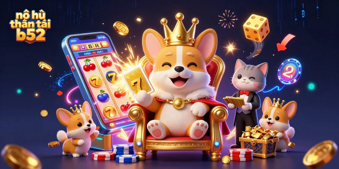 Nổ hũ thần tài b52 illustration featuring a royal corgi and a cat butler among jackpot symbols and slot machines, engaging in casino excitement.