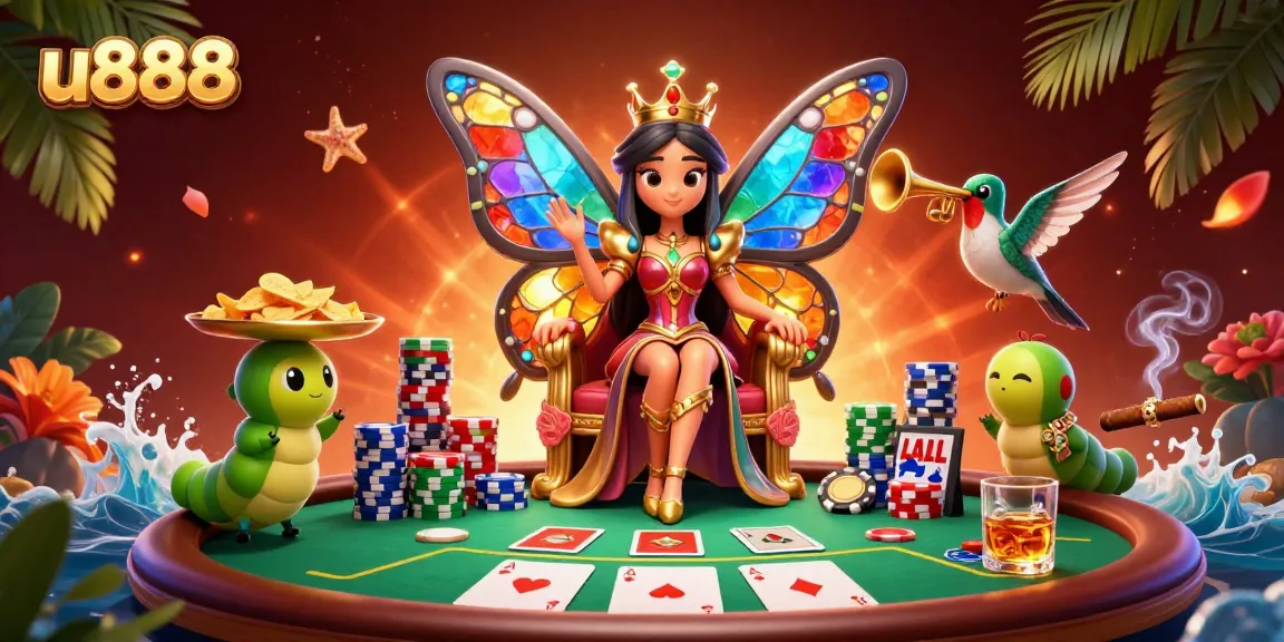 Experience ultimate excitement at u888 casino with vibrant butterfly queen amidst poker elements.
