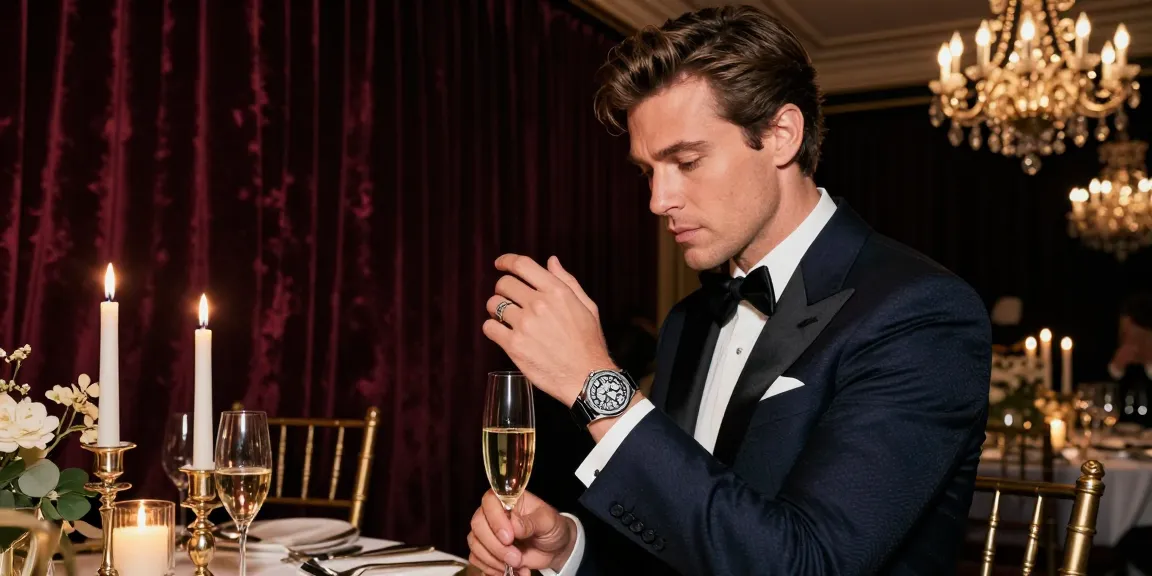 Elegant man showcasing clone watches at a luxurious gala.