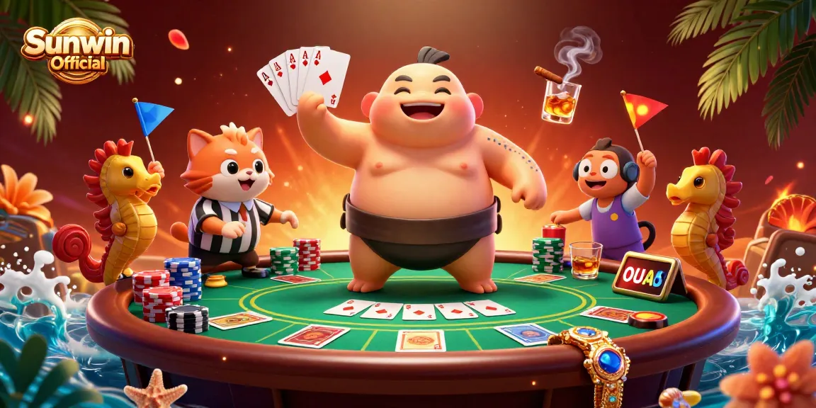 Place your bets at Sunwin Official’s vibrant casino scene featuring a colossal fugu and card action.