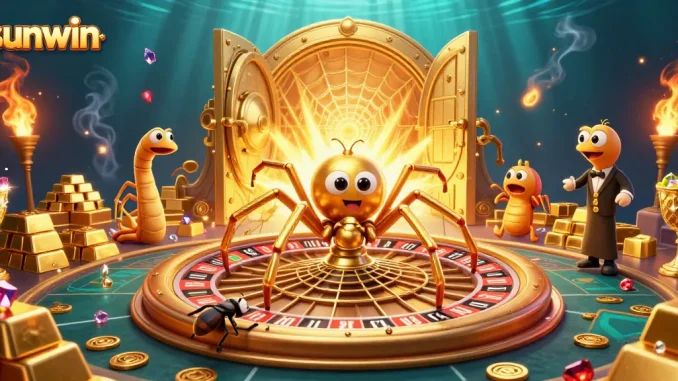 Experience sunwin's thrilling gameplay with a golden spider and centipede croupier at a dynamic casino scene.