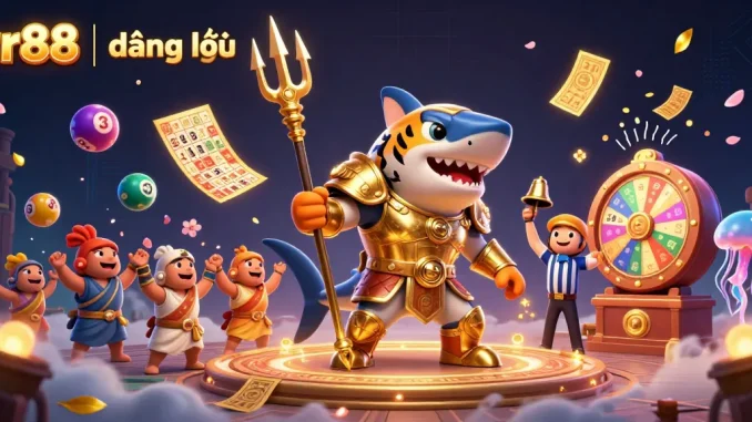 View an exciting rr88 | đăng nhập scene with a golden gladiator shark and festive elements representing online gaming.